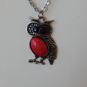 NWT Owl Necklace with Red Stone and 20" Chain